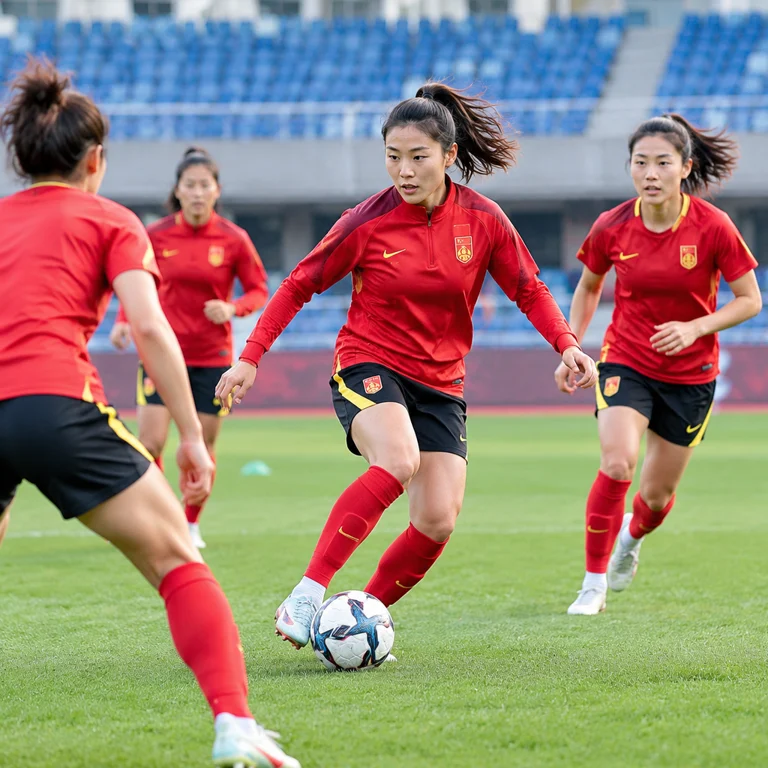 王霜等中国女足球员在赛前进行有球训练