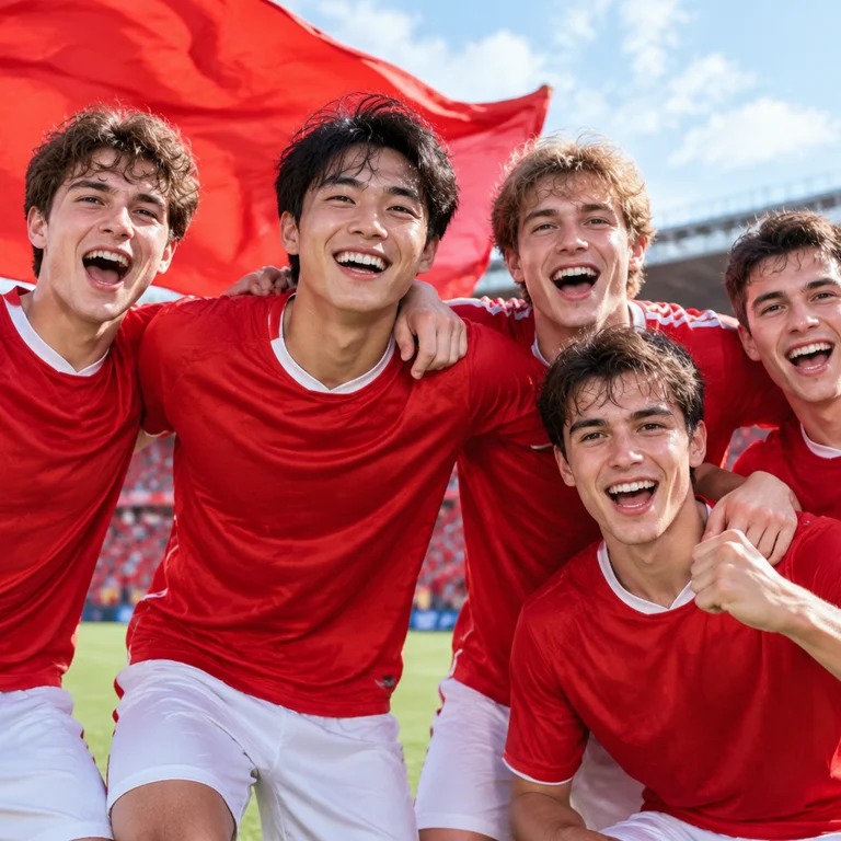 U23国足成员在庆祝氛围中合影，展现团队凝聚力